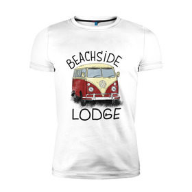 Мужская футболка премиум с принтом Beachside lodge в Тюмени, 92% хлопок, 8% лайкра | приталенный силуэт, круглый вырез ворота, длина до линии бедра, короткий рукав | beachside lodge | автобус | автомобиль | лето | машина | пляж