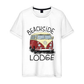 Мужская футболка хлопок с принтом Beachside lodge в Тюмени, 100% хлопок | прямой крой, круглый вырез горловины, длина до линии бедер, слегка спущенное плечо. | beachside lodge | автобус | автомобиль | лето | машина | пляж