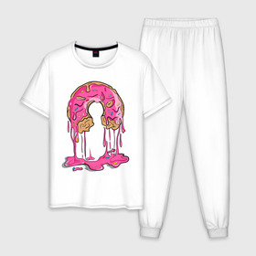 Мужская пижама хлопок с принтом Пончик в Тюмени, 100% хлопок | брюки и футболка прямого кроя, без карманов, на брюках мягкая резинка на поясе и по низу штанин
 | булочка | еда | крем | пончик