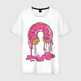 Мужская футболка хлопок с принтом Пончик в Тюмени, 100% хлопок | прямой крой, круглый вырез горловины, длина до линии бедер, слегка спущенное плечо. | Тематика изображения на принте: булочка | еда | крем | пончик