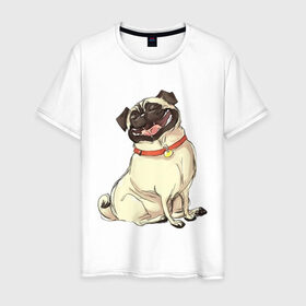 Мужская футболка хлопок с принтом Радостный мопс в Тюмени, 100% хлопок | прямой крой, круглый вырез горловины, длина до линии бедер, слегка спущенное плечо. | милый | мопс | пес | радостная | собака