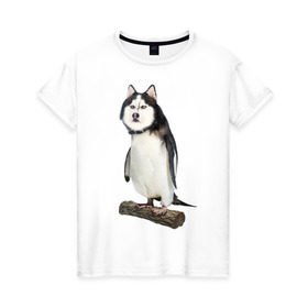 Женская футболка хлопок с принтом Хаскогвин в Тюмени, 100% хлопок | прямой крой, круглый вырез горловины, длина до линии бедер, слегка спущенное плечо | пингвин