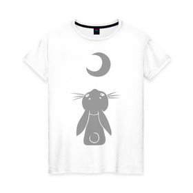 Женская футболка хлопок с принтом Зайчик смотрит на луну в Тюмени, 100% хлопок | прямой крой, круглый вырез горловины, длина до линии бедер, слегка спущенное плечо | зайчик | заяц | кролик | луна | месяц | полумесяц