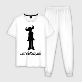 Мужская пижама хлопок с принтом Jamiroquai в Тюмени, 100% хлопок | брюки и футболка прямого кроя, без карманов, на брюках мягкая резинка на поясе и по низу штанин
 | Тематика изображения на принте: funk | jamiroquai | jazz | джаз | джамирокуай | фанк