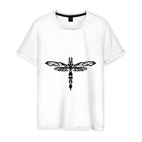 Мужская футболка хлопок с принтом Стрекоза в Тюмени, 100% хлопок | прямой крой, круглый вырез горловины, длина до линии бедер, слегка спущенное плечо. | насекомое | стрекоза | тату | трайбл | узор