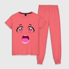 Женская пижама хлопок с принтом Лицо аниме в Тюмени, 100% хлопок | брюки и футболка прямого кроя, без карманов, на брюках мягкая резинка на поясе и по низу штанин | анимэ | глаза | испуг | лицо | милое | седзе