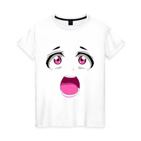 Женская футболка хлопок с принтом Лицо аниме в Тюмени, 100% хлопок | прямой крой, круглый вырез горловины, длина до линии бедер, слегка спущенное плечо | Тематика изображения на принте: анимэ | глаза | испуг | лицо | милое | седзе