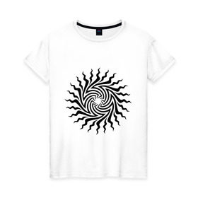 Женская футболка хлопок с принтом Психоделическое солнце в Тюмени, 100% хлопок | прямой крой, круглый вырез горловины, длина до линии бедер, слегка спущенное плечо | извиваться | изогнутое | кривое | лучи | психодел | солнце