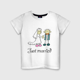 Детская футболка хлопок с принтом Just married в Тюмени, 100% хлопок | круглый вырез горловины, полуприлегающий силуэт, длина до линии бедер | just | married | жених | молодожены | невеста | свадьба