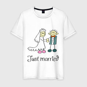 Мужская футболка хлопок с принтом Just married в Тюмени, 100% хлопок | прямой крой, круглый вырез горловины, длина до линии бедер, слегка спущенное плечо. | just | married | жених | молодожены | невеста | свадьба