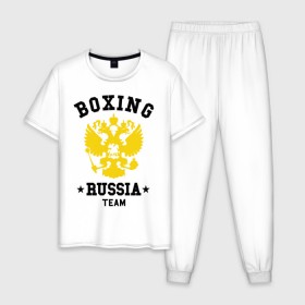 Мужская пижама хлопок с принтом Boxing Russia Team в Тюмени, 100% хлопок | брюки и футболка прямого кроя, без карманов, на брюках мягкая резинка на поясе и по низу штанин
 | boxing | russia | team | бокс | герб | орел | россия | русский