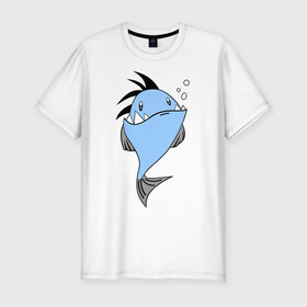 Мужская футболка премиум с принтом Зубастая рыба в Тюмени, 92% хлопок, 8% лайкра | приталенный силуэт, круглый вырез ворота, длина до линии бедра, короткий рукав | Тематика изображения на принте: акула | злая | зубы | рыба