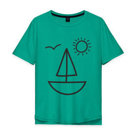 Мужская футболка хлопок Oversize с принтом Настроение - море в Тюмени, 100% хлопок | свободный крой, круглый ворот, “спинка” длиннее передней части | Тематика изображения на принте: корабль | лицо | лодка | море | настроение | парус | птица | рожица | солнце | улыбка | чайка | яхта