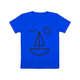Детская футболка хлопок с принтом Настроение - море в Тюмени, 100% хлопок | круглый вырез горловины, полуприлегающий силуэт, длина до линии бедер | Тематика изображения на принте: корабль | лицо | лодка | море | настроение | парус | птица | рожица | солнце | улыбка | чайка | яхта