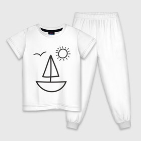 Детская пижама хлопок с принтом Настроение - море в Тюмени, 100% хлопок |  брюки и футболка прямого кроя, без карманов, на брюках мягкая резинка на поясе и по низу штанин
 | корабль | лицо | лодка | море | настроение | парус | птица | рожица | солнце | улыбка | чайка | яхта