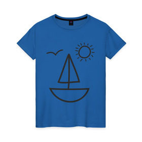 Женская футболка хлопок с принтом Настроение - море в Тюмени, 100% хлопок | прямой крой, круглый вырез горловины, длина до линии бедер, слегка спущенное плечо | Тематика изображения на принте: корабль | лицо | лодка | море | настроение | парус | птица | рожица | солнце | улыбка | чайка | яхта