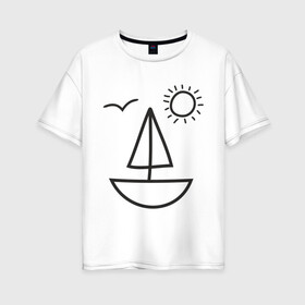 Женская футболка хлопок Oversize с принтом Настроение - море в Тюмени, 100% хлопок | свободный крой, круглый ворот, спущенный рукав, длина до линии бедер
 | корабль | лицо | лодка | море | настроение | парус | птица | рожица | солнце | улыбка | чайка | яхта