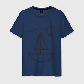 Мужская футболка хлопок с принтом Настроение - море в Тюмени, 100% хлопок | прямой крой, круглый вырез горловины, длина до линии бедер, слегка спущенное плечо. | Тематика изображения на принте: корабль | лицо | лодка | море | настроение | парус | птица | рожица | солнце | улыбка | чайка | яхта