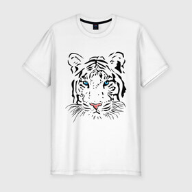 Мужская футболка премиум с принтом Белый тигр в Тюмени, 92% хлопок, 8% лайкра | приталенный силуэт, круглый вырез ворота, длина до линии бедра, короткий рукав | белый | голова | красивый | редкий | тигр
