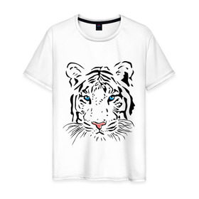 Мужская футболка хлопок с принтом Белый тигр в Тюмени, 100% хлопок | прямой крой, круглый вырез горловины, длина до линии бедер, слегка спущенное плечо. | белый | голова | красивый | редкий | тигр