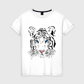Женская футболка хлопок с принтом Белый тигр в Тюмени, 100% хлопок | прямой крой, круглый вырез горловины, длина до линии бедер, слегка спущенное плечо | белый | голова | красивый | редкий | тигр