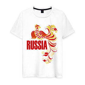 Мужская футболка хлопок с принтом Россия в Тюмени, 100% хлопок | прямой крой, круглый вырез горловины, длина до линии бедер, слегка спущенное плечо. | жар | золотая | металл | патриот | птица | россия | русский