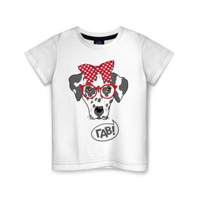 Детская футболка хлопок с принтом Далматинец в очках в Тюмени, 100% хлопок | круглый вырез горловины, полуприлегающий силуэт, длина до линии бедер | Тематика изображения на принте: бант | гав | далматин | очки | пес | собака