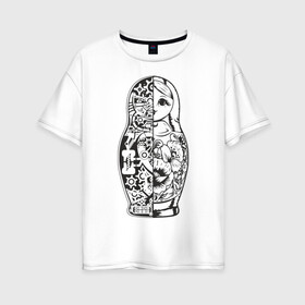 Женская футболка хлопок Oversize с принтом Матрешка в Тюмени, 100% хлопок | свободный крой, круглый ворот, спущенный рукав, длина до линии бедер
 | кукла | матрешка | пружины | разрез | россия | русский | шестеренки. механизм