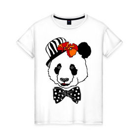 Женская футболка хлопок с принтом Панда с маками в Тюмени, 100% хлопок | прямой крой, круглый вырез горловины, длина до линии бедер, слегка спущенное плечо | бабочка | галстук | мак | медведь | панда | цветы | шляпа