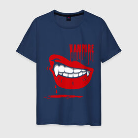 Мужская футболка хлопок с принтом Вампир в Тюмени, 100% хлопок | прямой крой, круглый вырез горловины, длина до линии бедер, слегка спущенное плечо. | вампир | губы | зубы | клыки | кровь | улыбка | усмешка | ухмылка