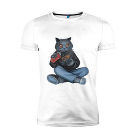 Мужская футболка премиум с принтом Кот геймер в Тюмени, 92% хлопок, 8% лайкра | приталенный силуэт, круглый вырез ворота, длина до линии бедра, короткий рукав | джойстик | игрок | кола | контроллер | кот
