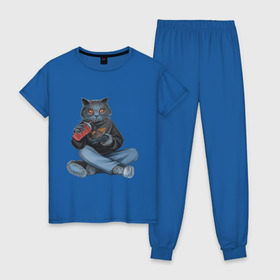Женская пижама хлопок с принтом Кот геймер в Тюмени, 100% хлопок | брюки и футболка прямого кроя, без карманов, на брюках мягкая резинка на поясе и по низу штанин | джойстик | игрок | кола | контроллер | кот