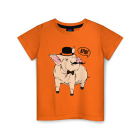 Детская футболка хлопок с принтом Свин в цилиндре в Тюмени, 100% хлопок | круглый вырез горловины, полуприлегающий силуэт, длина до линии бедер | бабочка | галстук | джентльмен | кабан | котелок | поросенок | свинья | усы | хрю | хряк | шляпа