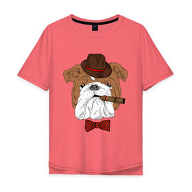 Мужская футболка хлопок Oversize с принтом Английский бульдог с сигарой в Тюмени, 100% хлопок | свободный крой, круглый ворот, “спинка” длиннее передней части | Тематика изображения на принте: английский | бабочка | бульдог | галстук | пес | псина | собака | шляпа