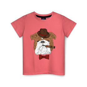 Детская футболка хлопок с принтом Английский бульдог с сигарой в Тюмени, 100% хлопок | круглый вырез горловины, полуприлегающий силуэт, длина до линии бедер | английский | бабочка | бульдог | галстук | пес | псина | собака | шляпа