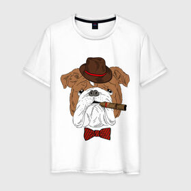 Мужская футболка хлопок с принтом Английский бульдог с сигарой в Тюмени, 100% хлопок | прямой крой, круглый вырез горловины, длина до линии бедер, слегка спущенное плечо. | Тематика изображения на принте: английский | бабочка | бульдог | галстук | пес | псина | собака | шляпа