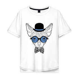 Мужская футболка хлопок Oversize с принтом Сфинкс в цилиндре в Тюмени, 100% хлопок | свободный крой, круглый ворот, “спинка” длиннее передней части | бабочка | галстук | кот | котелок | кошка. киса | очки | сфинкс | цилиндр | шляпа