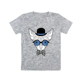 Детская футболка хлопок с принтом Сфинкс в цилиндре в Тюмени, 100% хлопок | круглый вырез горловины, полуприлегающий силуэт, длина до линии бедер | бабочка | галстук | кот | котелок | кошка. киса | очки | сфинкс | цилиндр | шляпа