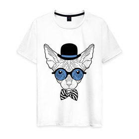 Мужская футболка хлопок с принтом Сфинкс в цилиндре в Тюмени, 100% хлопок | прямой крой, круглый вырез горловины, длина до линии бедер, слегка спущенное плечо. | Тематика изображения на принте: бабочка | галстук | кот | котелок | кошка. киса | очки | сфинкс | цилиндр | шляпа