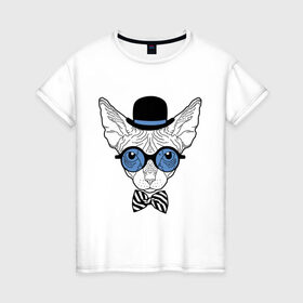 Женская футболка хлопок с принтом Сфинкс в цилиндре в Тюмени, 100% хлопок | прямой крой, круглый вырез горловины, длина до линии бедер, слегка спущенное плечо | бабочка | галстук | кот | котелок | кошка. киса | очки | сфинкс | цилиндр | шляпа