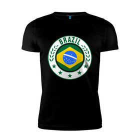 Мужская футболка премиум с принтом Brazil - Бразилия ЧМ-2014 в Тюмени, 92% хлопок, 8% лайкра | приталенный силуэт, круглый вырез ворота, длина до линии бедра, короткий рукав | бразилия