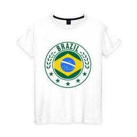 Женская футболка хлопок с принтом Brazil - Бразилия ЧМ-2014 в Тюмени, 100% хлопок | прямой крой, круглый вырез горловины, длина до линии бедер, слегка спущенное плечо | бразилия