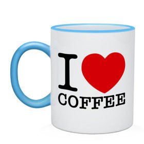 Кружка двухцветная с принтом I love coffee в Тюмени, керамика | объем — 330 мл, диаметр — 80 мм. Цветная ручка и кайма сверху, в некоторых цветах — вся внутренняя часть | coffee | heart | love | кофе | люблю | сердце