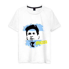 Мужская футболка хлопок с принтом Месси (Messi) в Тюмени, 100% хлопок | прямой крой, круглый вырез горловины, длина до линии бедер, слегка спущенное плечо. | Тематика изображения на принте: argentina | football | lionel | messi | аргентина | футбол