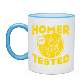 Кружка двухцветная с принтом Homer tested в Тюмени, керамика | объем — 330 мл, диаметр — 80 мм. Цветная ручка и кайма сверху, в некоторых цветах — вся внутренняя часть | гомер