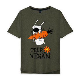 Мужская футболка хлопок Oversize с принтом True vegan (истинный веган) в Тюмени, 100% хлопок | свободный крой, круглый ворот, “спинка” длиннее передней части | carrot | flower | rabbit | true | vegan | веган | заяц | истинный | морковка | ролик | цветок | экология