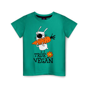 Детская футболка хлопок с принтом True vegan (истинный веган) в Тюмени, 100% хлопок | круглый вырез горловины, полуприлегающий силуэт, длина до линии бедер | Тематика изображения на принте: carrot | flower | rabbit | true | vegan | веган | заяц | истинный | морковка | ролик | цветок | экология