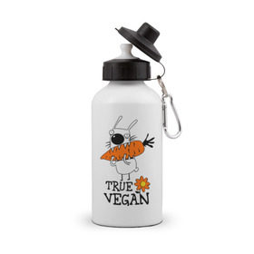 Бутылка спортивная с принтом True vegan (истинный веган) в Тюмени, металл | емкость — 500 мл, в комплекте две пластиковые крышки и карабин для крепления | carrot | flower | rabbit | true | vegan | веган | заяц | истинный | морковка | ролик | цветок | экология