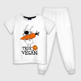 Детская пижама хлопок с принтом True vegan (истинный веган) в Тюмени, 100% хлопок |  брюки и футболка прямого кроя, без карманов, на брюках мягкая резинка на поясе и по низу штанин
 | Тематика изображения на принте: carrot | flower | rabbit | true | vegan | веган | заяц | истинный | морковка | ролик | цветок | экология