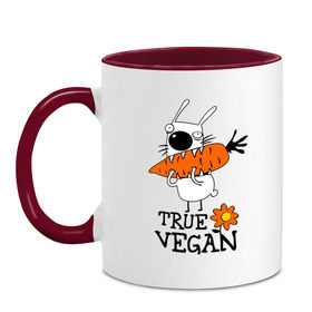 Кружка двухцветная с принтом True vegan (истинный веган) в Тюмени, керамика | объем — 330 мл, диаметр — 80 мм. Цветная ручка и кайма сверху, в некоторых цветах — вся внутренняя часть | carrot | flower | rabbit | true | vegan | веган | заяц | истинный | морковка | ролик | цветок | экология